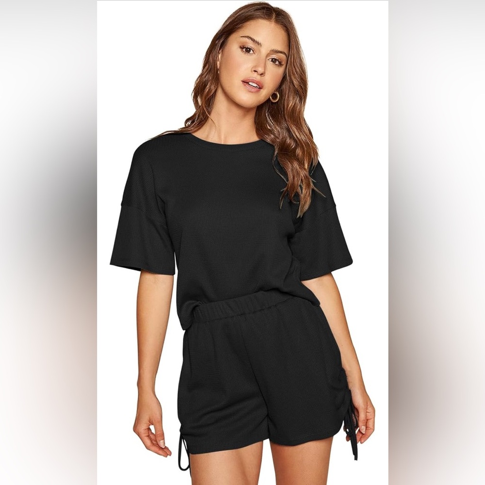 Womens Waffle Knit Lounge Set Two Piece Loungewear Matching Outfit Set Pockets